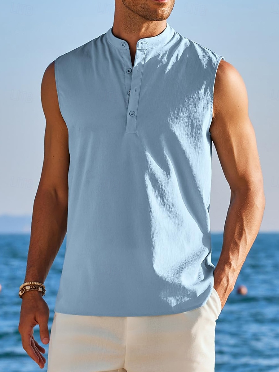 Herren leinenhemd Tank Top Henley Hemd Weste Ärmellos Henley Sommer Einfach Mode Designer Muskel Knöpfe Outdoor Ausgehen Fitnessstudio Schwarz Weiß Marineblau Top T-Shirt für Herren 2026 - $18.99 –P1