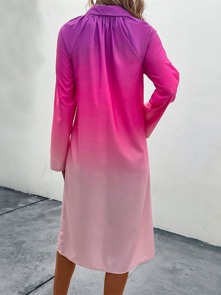 Жен. Платье средней длины Платье-рубашка Повседневное платье Стиль На каждый день Отпуск Повседневные Стандартный Омбре Длинный рукав Рубашечный воротник Розовый Лето 2025 - $41.99 –P2