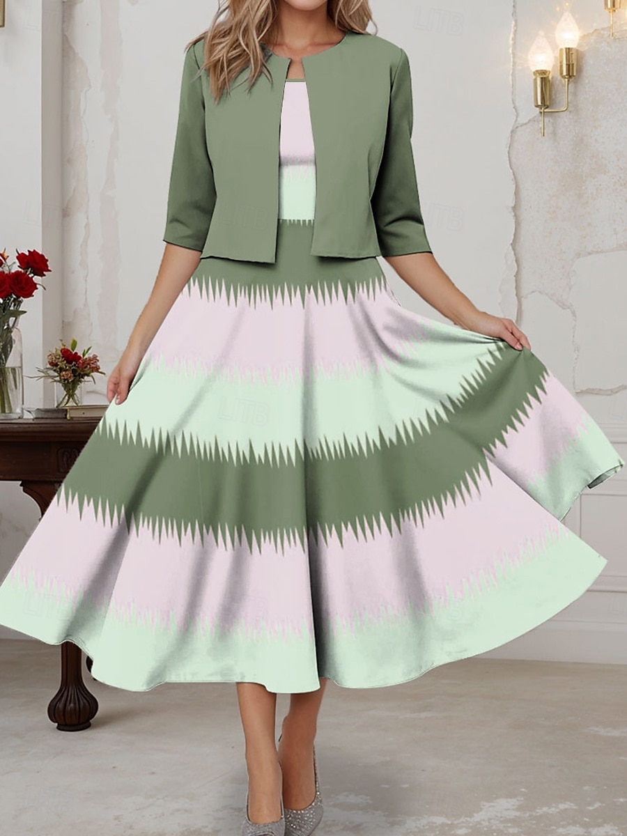 Rochie midi femei set rochie două piese rochie imprimată elegantă ombre imprimeu mânecă semi lungă gât rotund zilnic verde deschis primăvara toamna regular fit 2025 - $36.99 –P1
