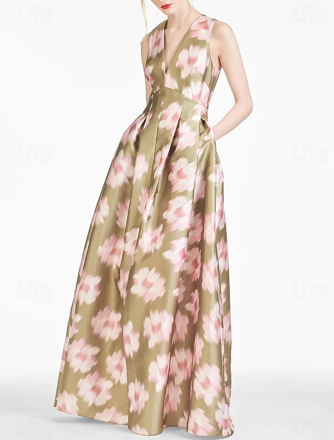 A-linjig Aftonklänning Hög Slits Klänning Strand Bröllop Formell Bröllop Gäst Golvlängd Ärmlös V-hals Ficka Satin med Blommönster Slits Ficka Derby Klänning Racedag Klänning Bröllop Gäst Klänning 2025 2025 - $144.99 –P8