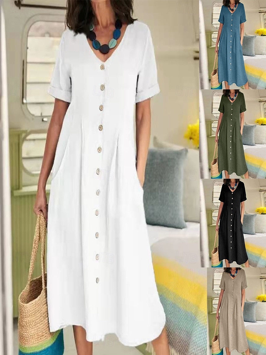 Damen Langes Kleid Maxikleid Leinen-inspirierte Kleider Baumwoll-Leinenkleid Hawaiianisch Normale Passform Einfarbig Kurzarm V Ausschnitt Dunkelbraun Weinrot Weiß Sommer Frühling 2025 - $26.99 –P5