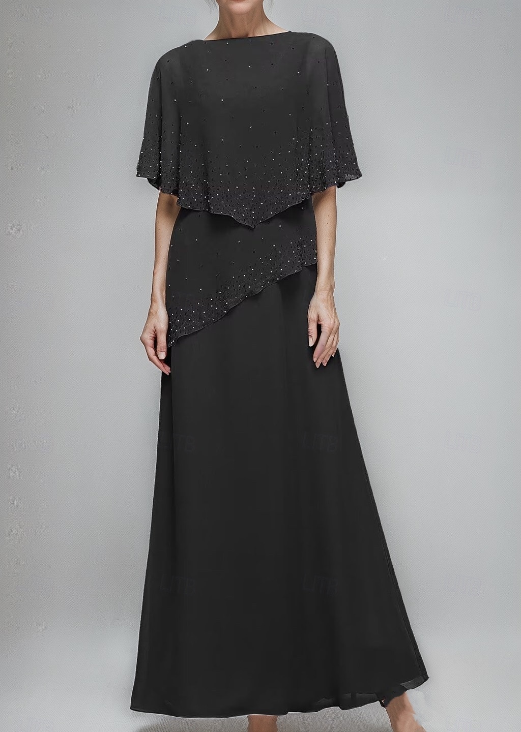 Abito A-Line Madre della Sposa Elegante Semplice Collo Giro Lunghezza Piena Chiffon Maniche Mezze con Ruches in Pizzo del 2025 a $141.99 –P1