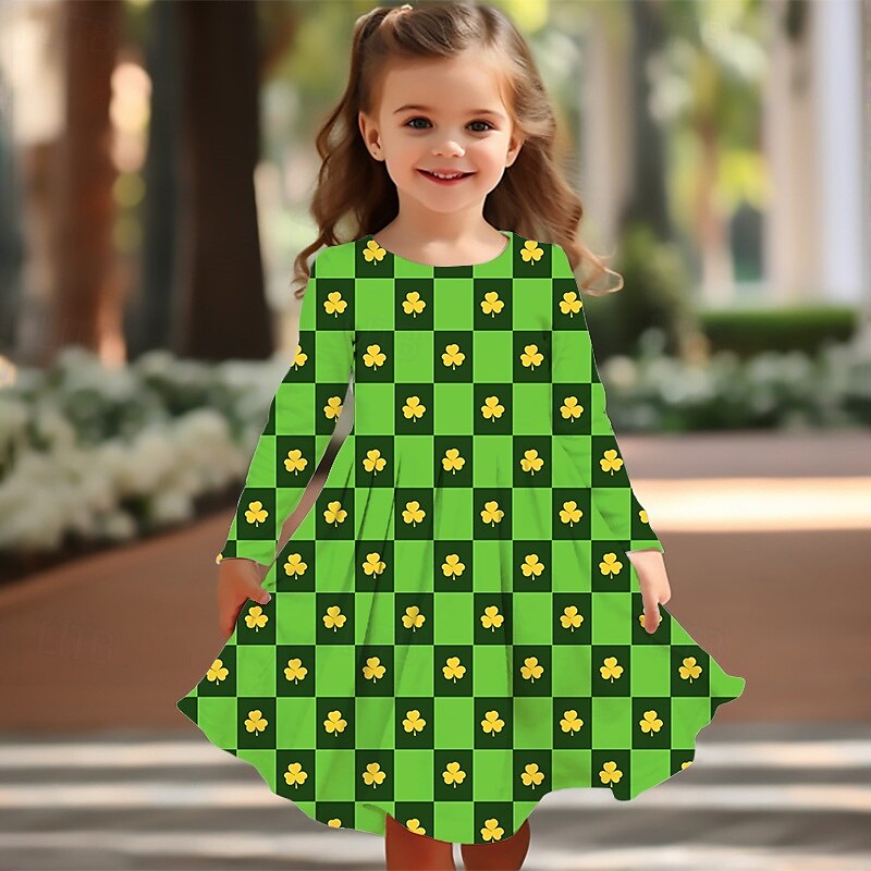 St. Patrick Mädchen' 3D Graphic Vierblättriges Kleeblatt Kleid Langarm Sommer Frühling Urlaub Täglich Festtage Prinzessin Schön Süß kinderkleidung 4-12 Jahre Casual kleid A Linie Kleid Knielang 2025 - $16.99 –P3
