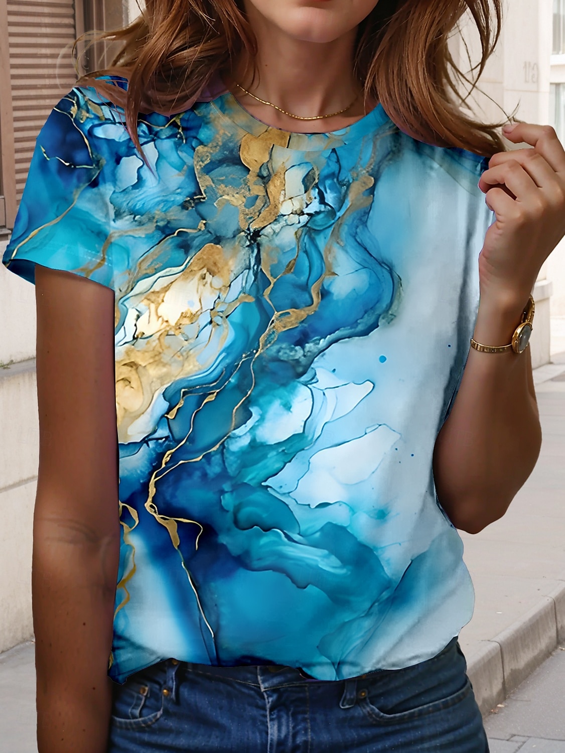 Dames T-shirt Marmeren afdrukken Casual Korte mouw Ronde hals Normale tops Dagelijks Afdrukken blauw Zomer Lente 2025 - $19.99 –P3