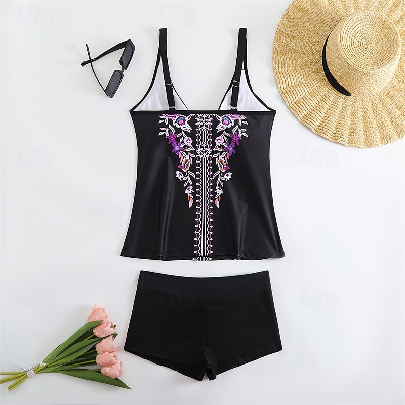 Dam Tankini Tvådelad baddräkt V-ringad Badkläder Badkläder Svart Purpur Andningsfunktion Snabb tork Lättvikt Ärmlös - Simmning Surfing Strand Sommar Vår Plusstorlekar 2025 - $24.99 –P9