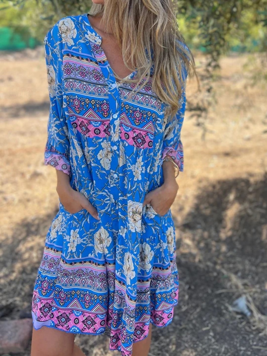 Damskie Sukienka midi Codzienne sukienki Sukienki w stylu boho Bohema Codzienny Boho Urlop Codzienny Plaża Luźna Kwiaty Rękaw 3/4 Kołnierzyk koszuli Granatowy Królewski błękit Fioletowy Lato Wiosna 2025 - $32.99 –P4