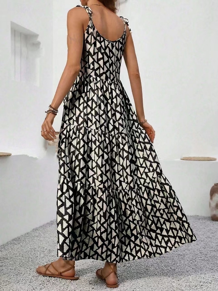 Damskie Sukienka maxi Codzienne sukienki Sukienka A line Sukienka na ramiączkach Elegancki Codzienny Urlop Codzienny Regularny Geometryczny Bez rękawów Pasek Czarny Lato 2025 - $26.99 –P3