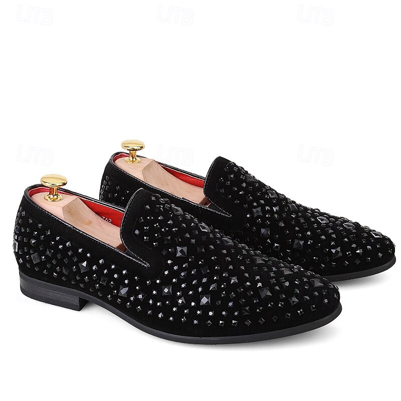 pánské černé sametové mokasíny s cvočkovým detailem – stylové slip-on boty pro formální i večerní příležitosti 2025 - $46.99 –P1