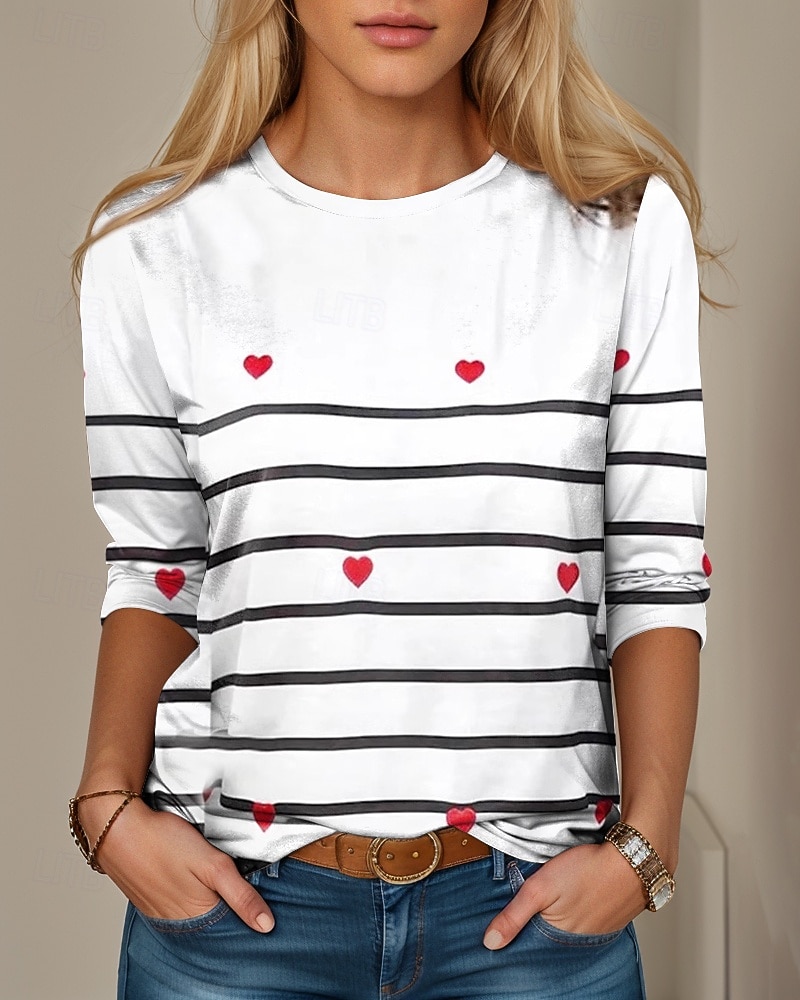 Dame T-skjorte Crew Neck Langermet Tunika Hjerte Stripet Casual Regulære Topper Daglig Trykk Hvit Vår Høst 2026 - $24.99 –P2
