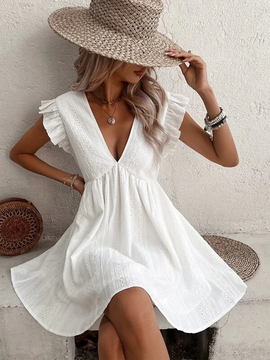 Damen Minikleid Baumwoll-Leinen-Kleider Basic Lässig Urlaub Täglich Normale Passform Einfach Ärmellos V Ausschnitt Weiß Sommer 2025 - $28.99 –P4