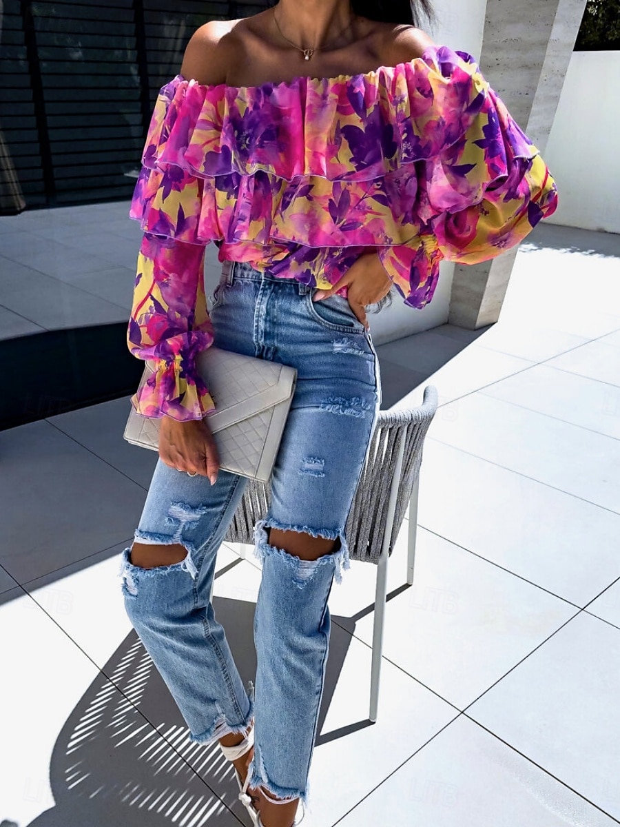 Per donna Camicia Blusa Floreale A foglia Moda Informale Manica lunga Senza spalline Top regolari Giornaliero Con balze Stampa Giallo Rosa Viola Verde Estate Primavera del 2025 a $27.99 –P4
