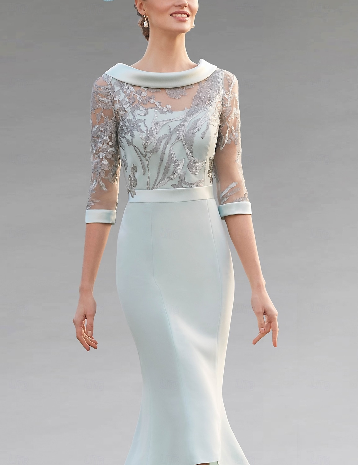 Abito a Sirena  Tromba per la Madre della Sposa Abito Elegante Vintage Collo Gioiello Asimmetrico Lunghezza Tè Tessuto Estensibile Maniche Corte con Pizzo Abito Derby per la Giornata delle Corse 2025 del 2025 a $189.99 –P3
