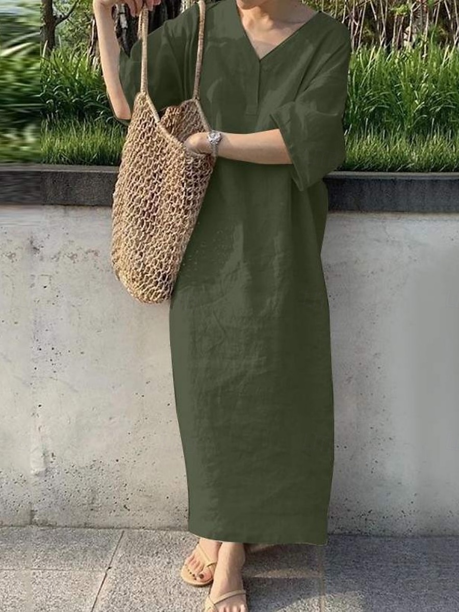 Damskie Sukienka maxi Sukienki z bawełny i lnu Codzienne sukienki Podstawowy Codzienny Urlop Codzienny Regularny Równina Rękaw 3/4 W serek Czerwony Khaki Zieleń wojskowa Ciemnoniebieski Lato 2025 - $18.99 –P5