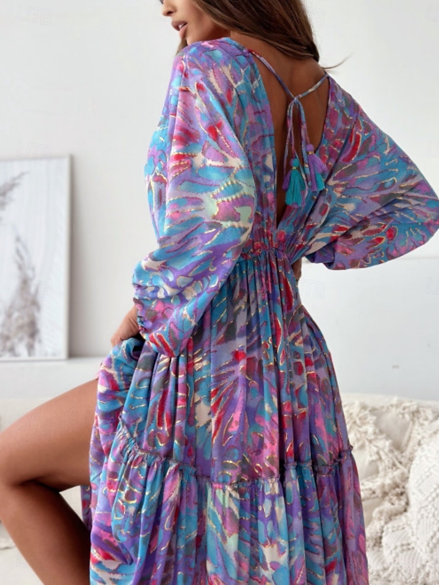 Dame Maxikjole Uformell kjole Swingkjole Boho elegante kjoler Bohem Fritid Feriereise Daglig Løstsittende Blomstret Batikkfarget 3/4 ermer V-hals Lys Lilla Grønn Sommer Vår 2025 - $33.99 –P7