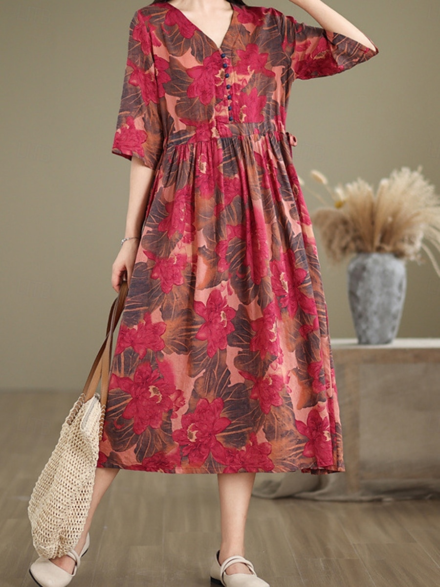 Damen Maxikleid Baumwoll-Leinen-Kleider Freizeitkleid Basic Lässig Urlaub Täglich Normale Passform Blumen Kurzarm V Ausschnitt Rote Sommer 2025 - $42.99 –P4
