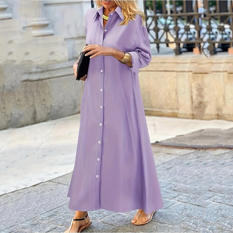 Damen kleid lang blusenkleid Casual kleid Sommerkleid Stilvoll Brautkleider schlicht Urlaub Täglich Verabredung Regular Fit Glatt Langarm Kargen Schwarz Weiß Rote Purpur Sommer Frühling 2025 - $26.99 –P5