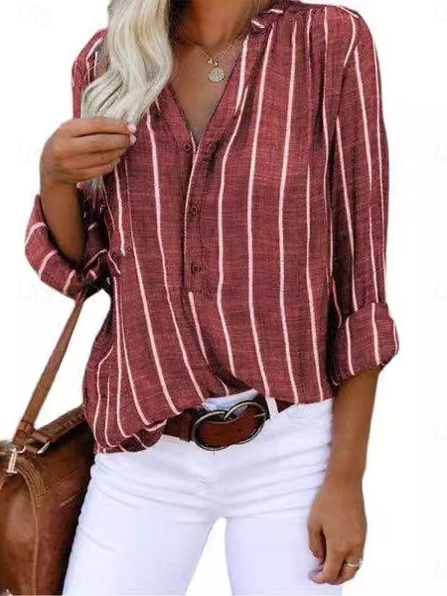 Dame Skjorte Bluse Stripet Stilfull Fritid Langermet Skjortekrage Vanlige topper Daglig Knapper Trykt mønster Hvit Kakifarget Grå Sommer Vår 2025 - $25.99 –P5