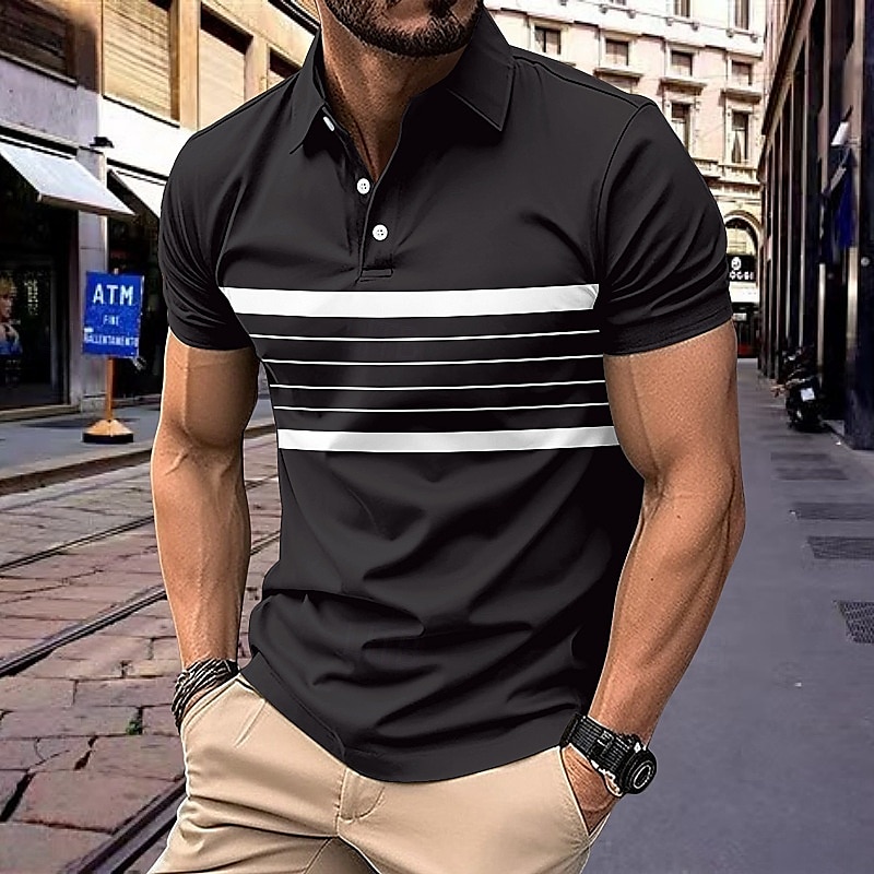 Men's Polo Business Polo Business Casual Lapel Classic Short Sleeve Color Block Stripes Buttons Summer Spring & Fall Black Red Navy Blue Brown Khaki Polo 2025 - $20.99 –P9