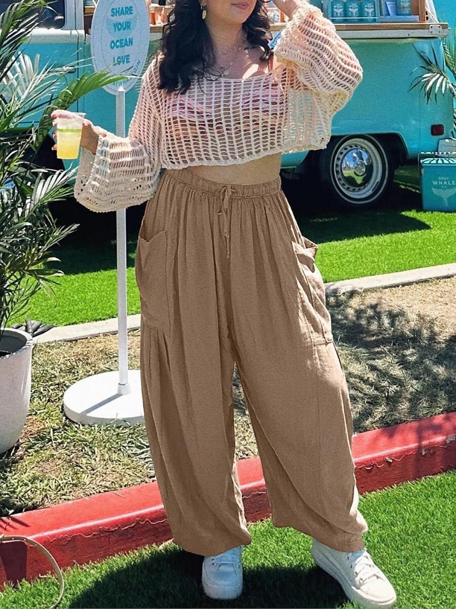 Women's Wide Leg Chinos Basic Full Length High Waist Plain Pocket Elastic Waistband Comfy Soft Comfortable Micro-elastic Outdoor Street White Khaki Summer Spring Regular Fit 2025 - $24.99 –P2