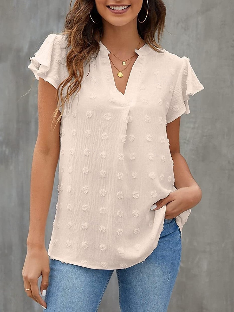 Femme Chemise Chemisier Couleur unie mode Décontractées Manche Courte Col cranté Hauts réguliers du quotidien A Volants Blanche Beige Eté de 2025 ? $23.99 –P6