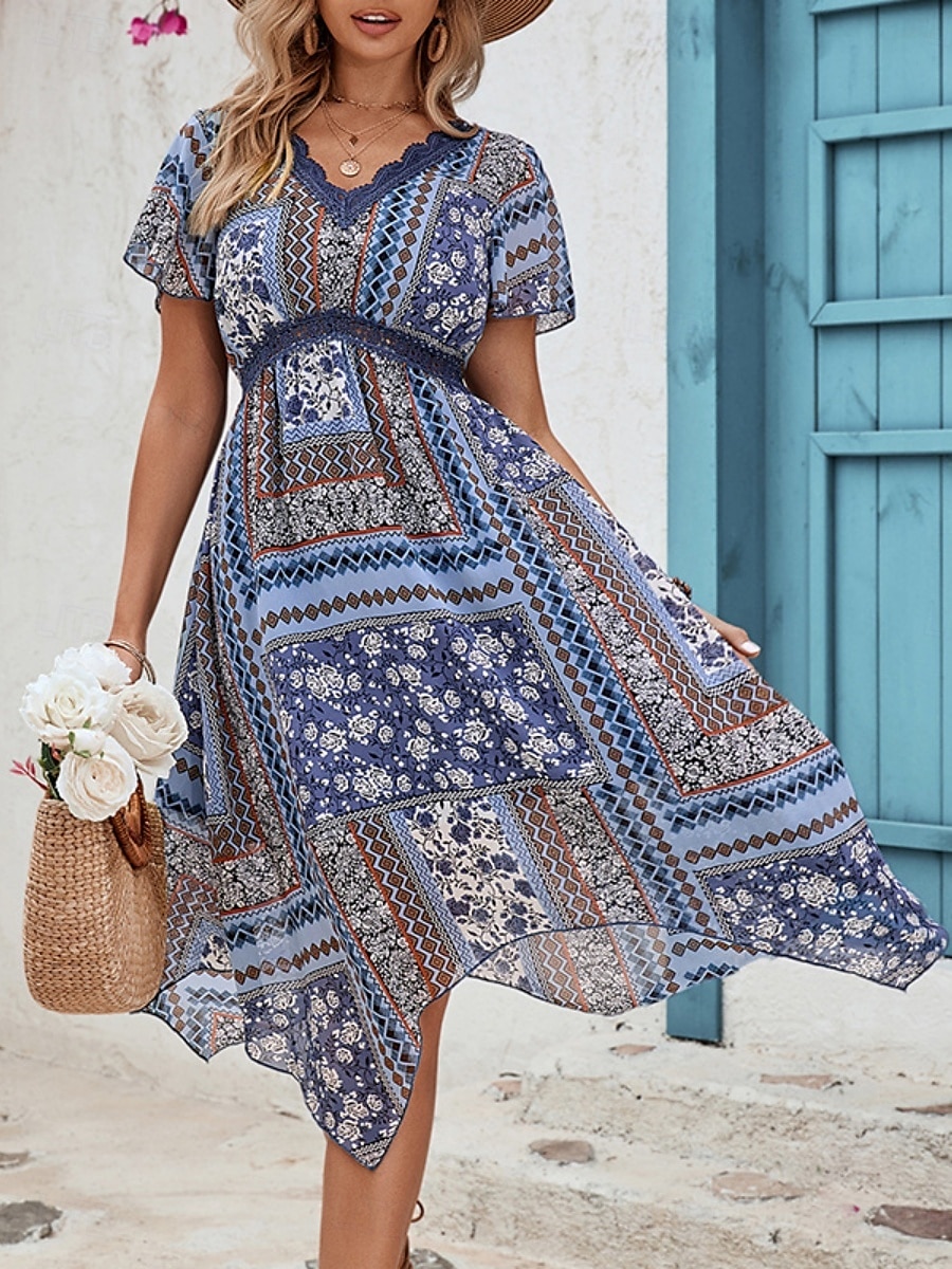 Femme Robe mi-longue Robe casual Robes bohème chic robe boheme Bohême Ethnique Décontractées Vacances du quotidien Ample Floral Manche Courte Col V Bleu Eté Printemps de 2025 ? $33.99 –P1