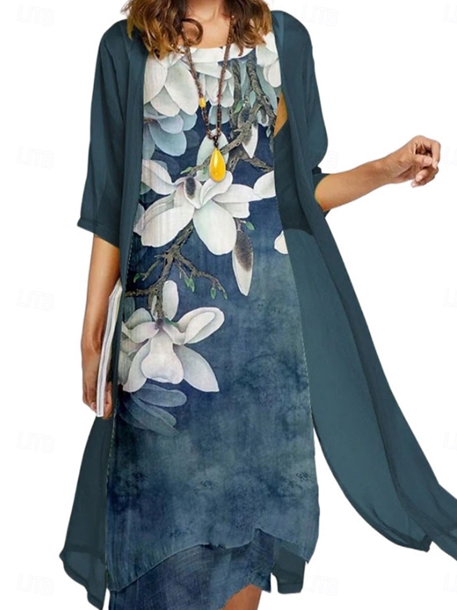 Pentru femei Set de rochii Rochie casual Elegant Modă Floral Imprimeu Asimetric Rochii Midi Manșon Lung Stil Nautic În aer liber Vacanță Albastru piscină Mov Albastru Închis Vară Primăvară Fit regulat 2025 - $36.99 –P1