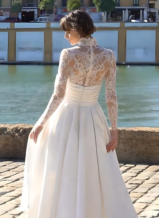 Wedding Dresses A-Line Illusion Neck Long Sleeve Asymmetrical Lace Bridal Gowns With Embroidery Solid Color 2025 - $198.99 –P4