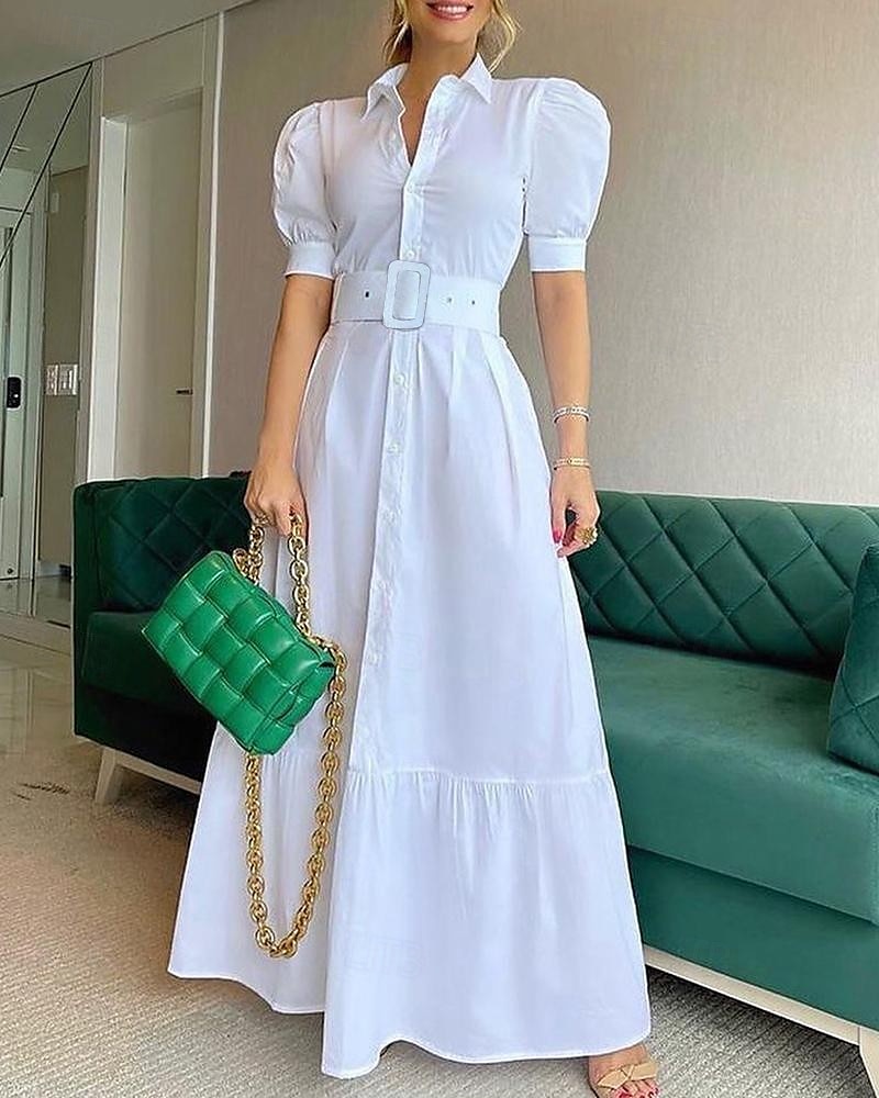 Dam Långklänning Maxiklänning Skjortklänning Vardagsklänning Sommarklänning Stylish Ledigt Semester Dagligen Datum Normal Rand Kortärmad Kavajslag Vit Blå Sommar Vår 2025 - $29.99 –P6