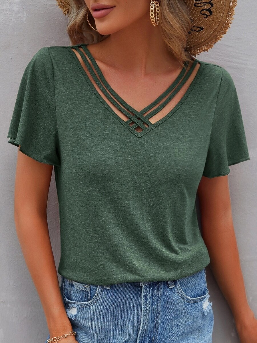 Femme T shirt Plein basique Décontractées Manche Courte Col V Hauts réguliers du quotidien Fin de semaine Bleu Vert Eté de 2025 ? $21.99 –P1