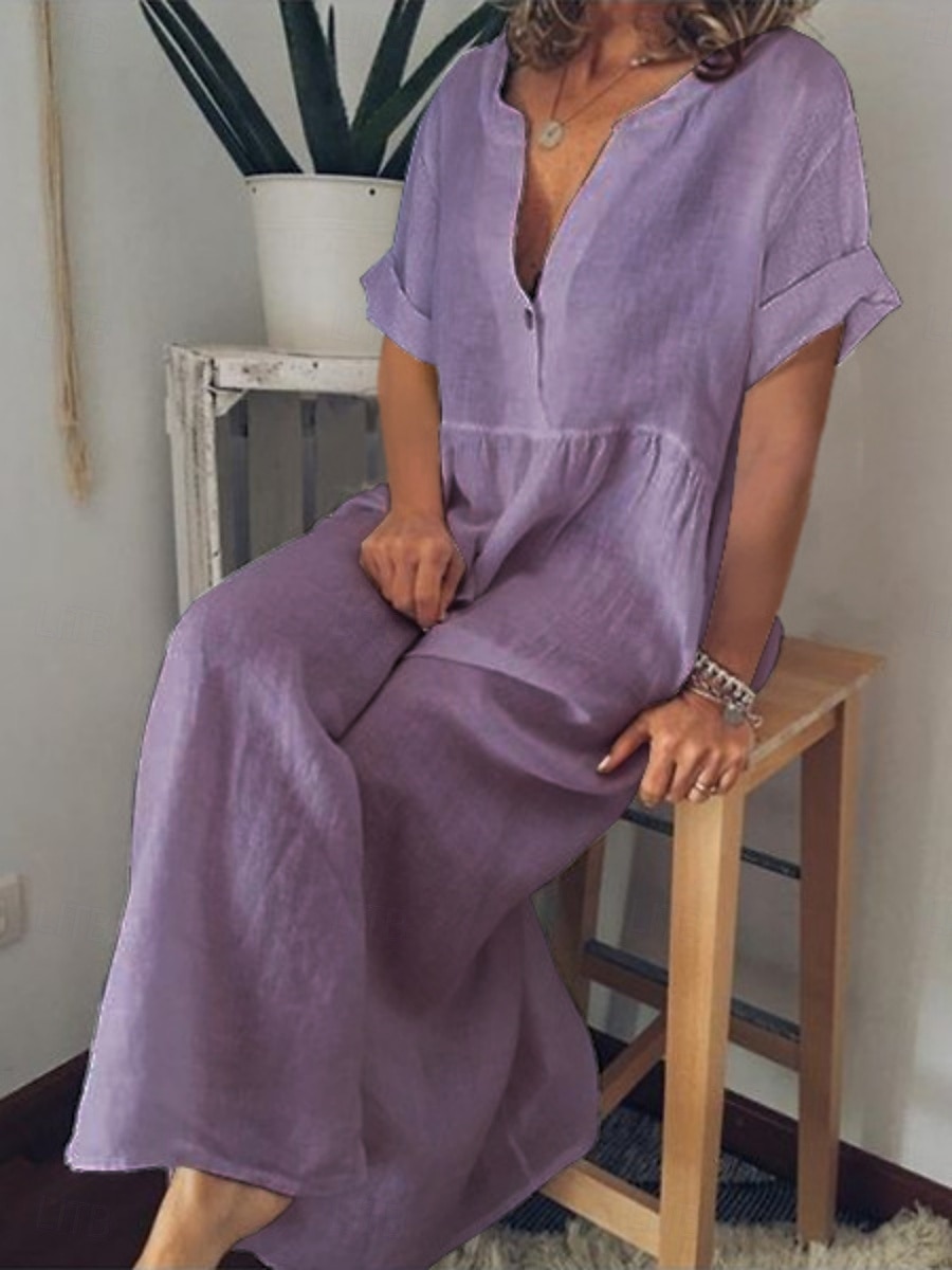 Women's Maxi Dress Cotton Linen Dresses Casual Dress Basic Casual Vacation Daily Regular Fit Plain Short Sleeve V Neck Black White Purple Light Blue Summer 2025 - $26.99 –P2