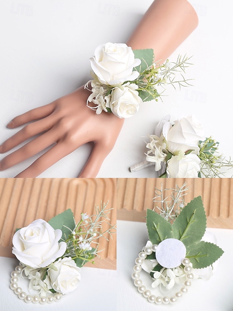 elegant vit ros handled corsage och boutonniere set - konstgjorda blommiga tillbehör för bröllop, tärnor och formella evenemang 2026 - $7.99 –P4