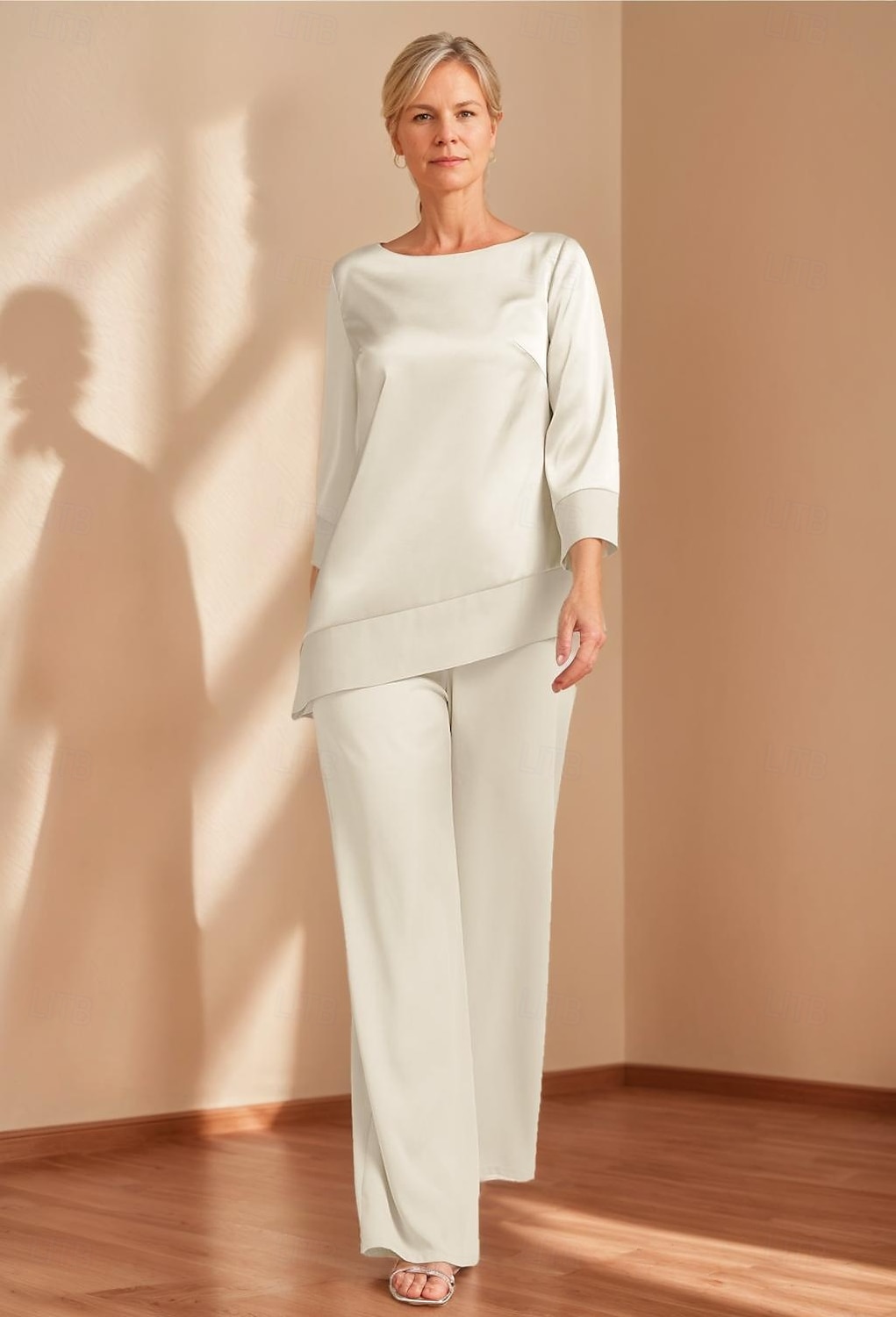 Overall  Hosenanzug Brautmutter Elegant Einfach Minimalistisch Boot-Ausschnitt Bodenlänglich Satin 3/4 Länge Ärmel Wrap enthalten mit Einfarbig 2025 2025 - $143.99 –P1