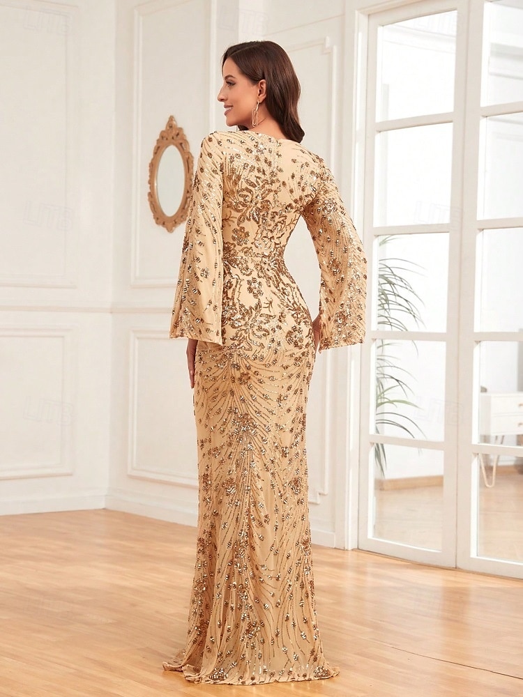 Vestido de Sereia de Noite Vintage Formal Casamento Comprimento do Chão Manga Longa Decote em V com Apliques de 2025 por $129.99 –P8