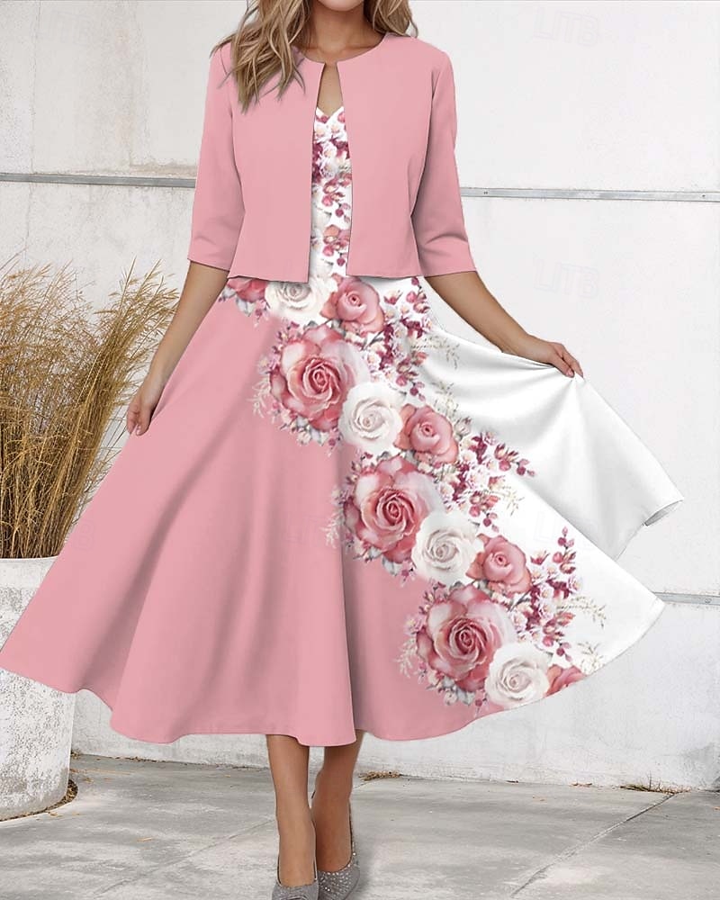 Kvinnors Midi Klänning Casual Klänning Chiffon Klänning Swing Klänning Elegant Blommig Midi Klänning Halv Ärmar V-ringad Tryck Regular Fit Dejtdatum Rosa Vår 2025 - $39.99 –P1