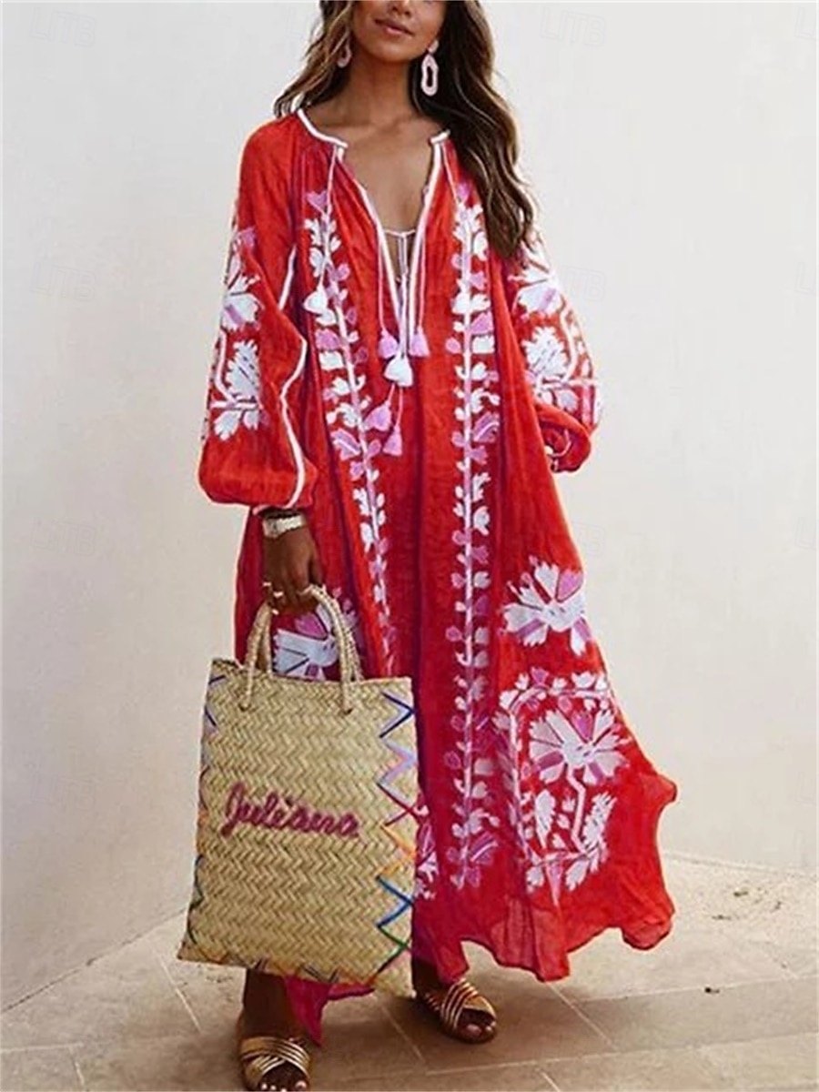 Pentru femei Rochie Maxi Rochie casual Rochie A line Rochie Boho Stilat Casual Vacanță Zilnic Dată Potrivire Largă Grafic Manșon Lung În V Roșu-aprins Albastru Deschis Primăvară Toamnă 2025 - $31.99 –P5