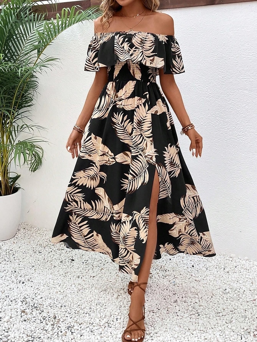 Per donna Vestito maxi Abito casual Abito linea A Moda Informale Da mare Giornaliero Standard A foglia Manica corta Senza spalline Nero Estate del 2025 a $43.99 –P3
