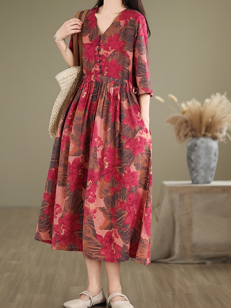 Damen Maxikleid Baumwoll-Leinen-Kleider Freizeitkleid Basic Lässig Urlaub Täglich Normale Passform Blumen Kurzarm V Ausschnitt Rote Sommer 2025 - $42.99 –P3