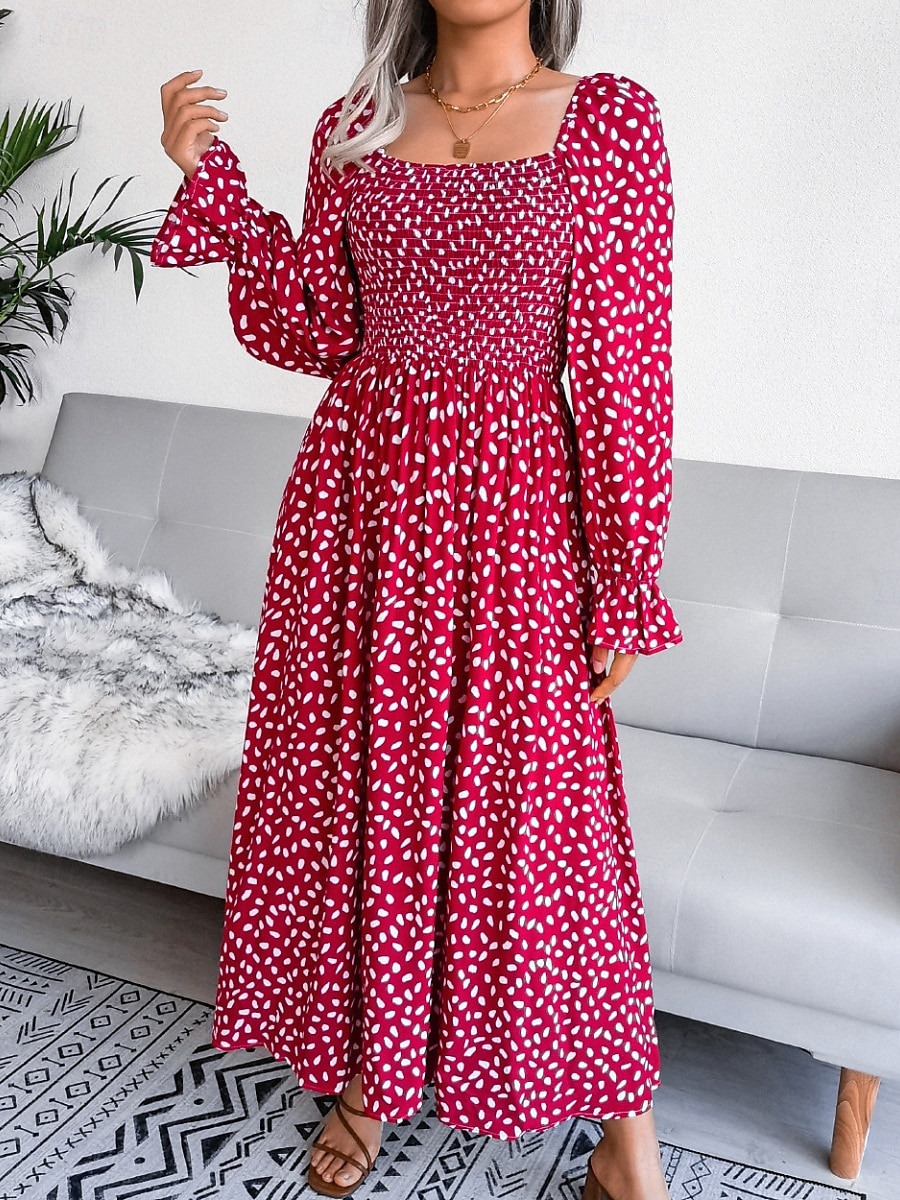 Femme Robe Maxi Robe Maxi Robe de laitière Robe smockée Soirée Hawaïen mode Vacances Travail du quotidien Standard Pois manche longue Col Carré Jaune Rose Claire Printemps Automne de 2025 ? $33.99 –P7