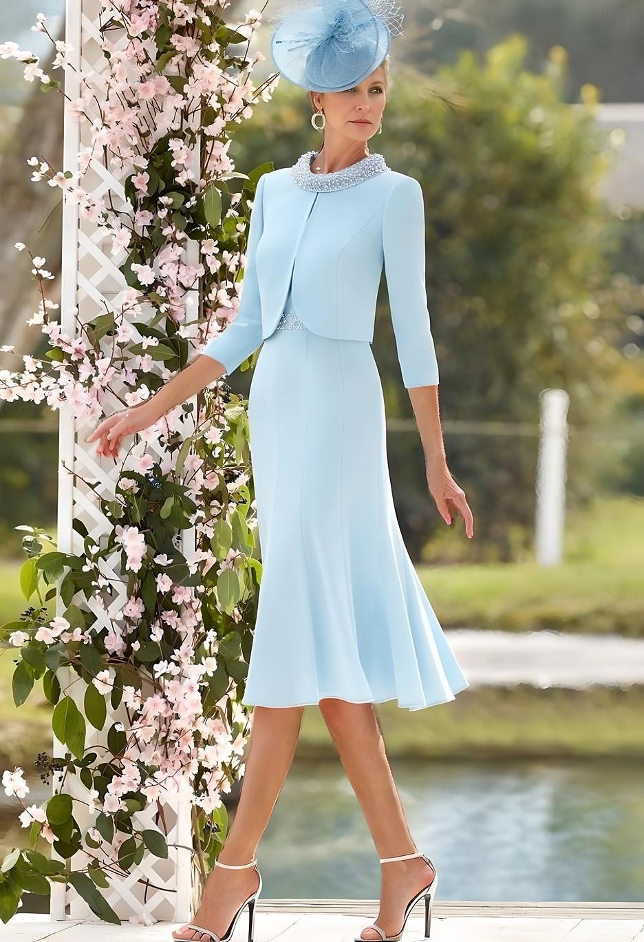 Completi Blu Abito per la Madre della Sposa Formale Ospite di Matrimonio Elegante Vintage Collo Gioiello Lunghezza Tè Tessuto Elasticizzato Manica 3/4 con Pizzo Perle Abito per Giorno di Corse del 2025 a $173.99 –P2