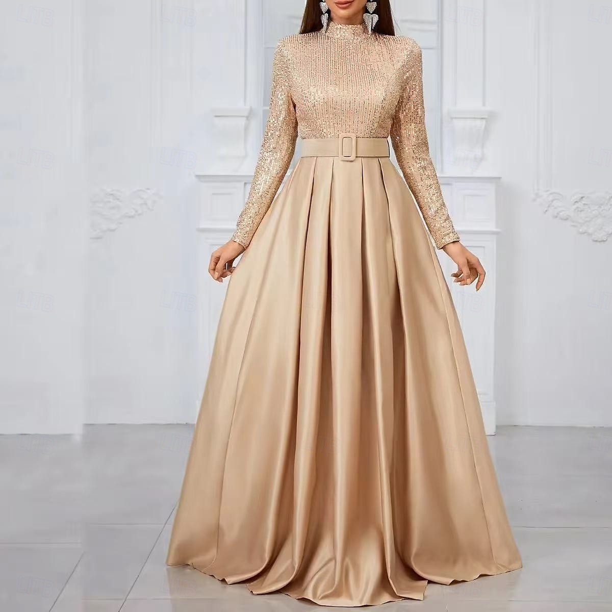 Rochie de seară tip A-Line rochie elegantă pentru petrecere rochie formală de gală cu lungime până la podea cu mânecă lungă cu gât rigid curea/sasch din amestec de bumbac cu spate cowl cu butoane 2025 - $167.99 –P1