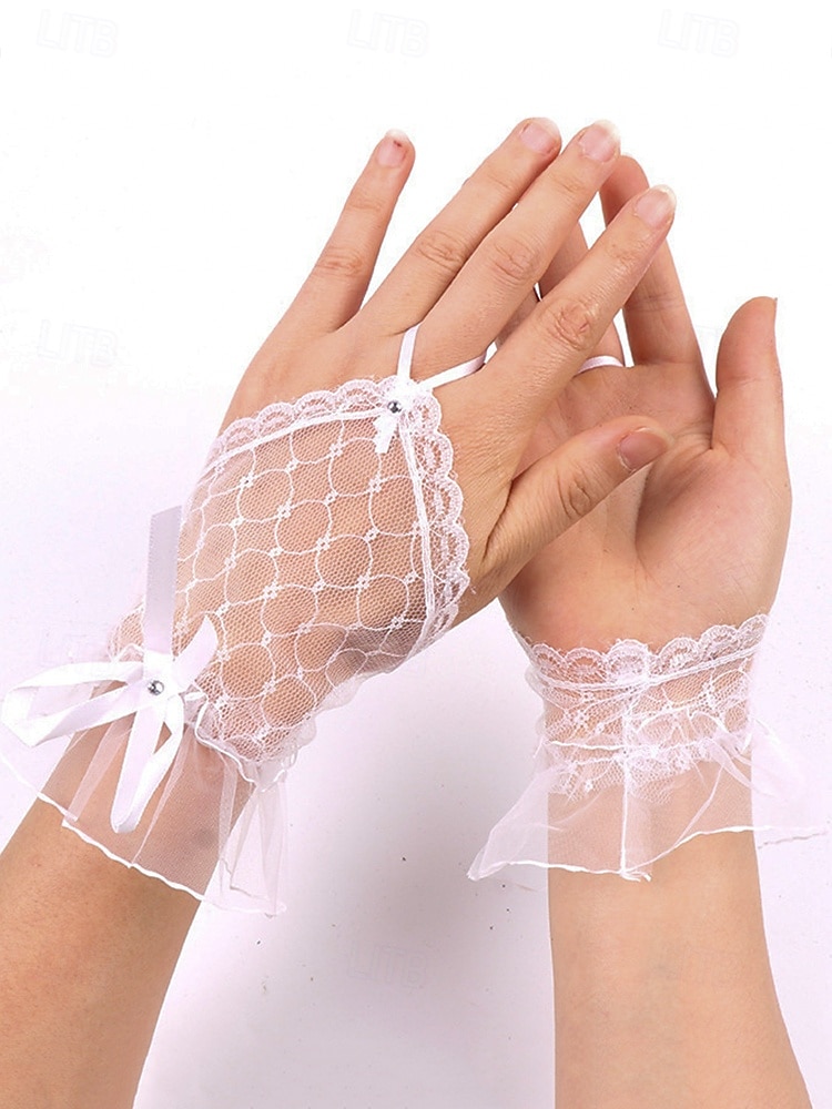 Guantes de novia elegantes de encaje blanco: guantes de novia sin dedos con lazo y detalles florales, perfectos para bodas y ocasiones especiales. 2025 - $7.99 –P3