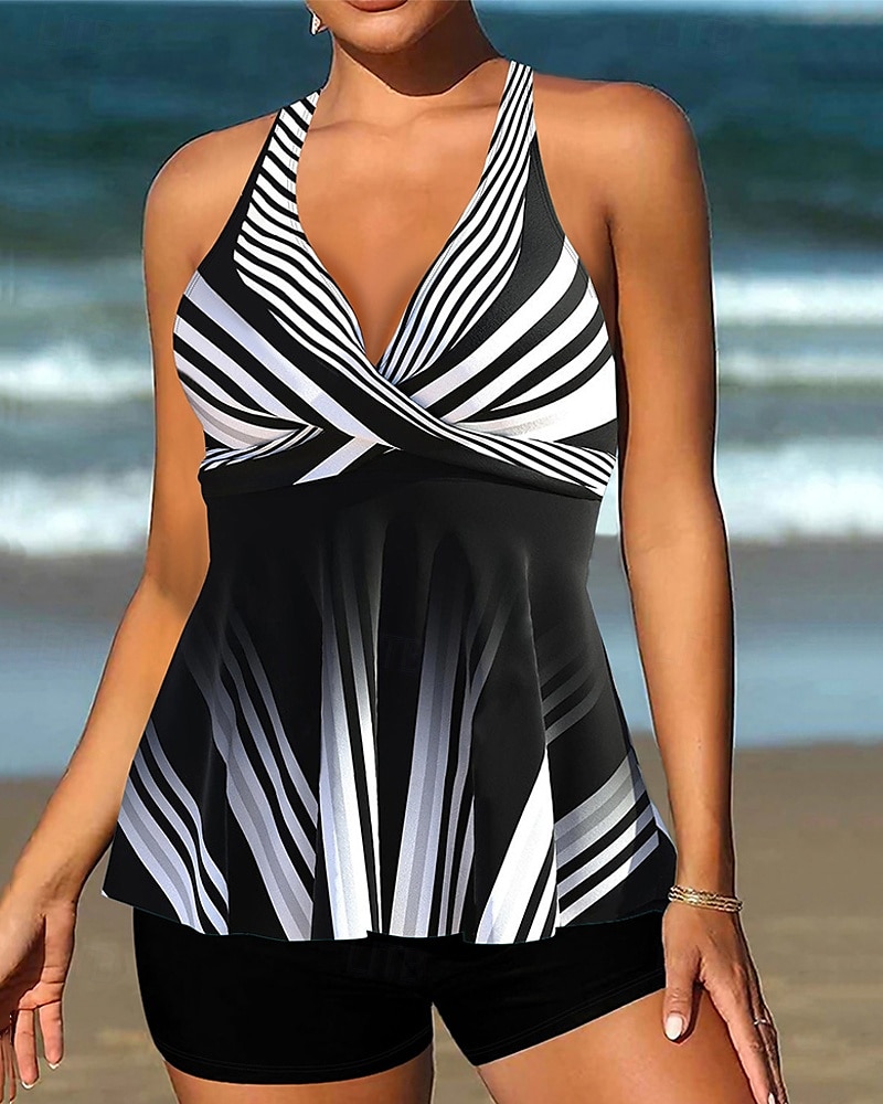 Femme Tankini Maillot De Bain Deux Pièces Col en V Maillots de Bain Maillots de Bain Noir Blanche Respirable Séchage rapide Poids Léger Sans Manches - Natation Surf Plage Eté Printemps Grande Taille de 2025 ? $21.59 –P4