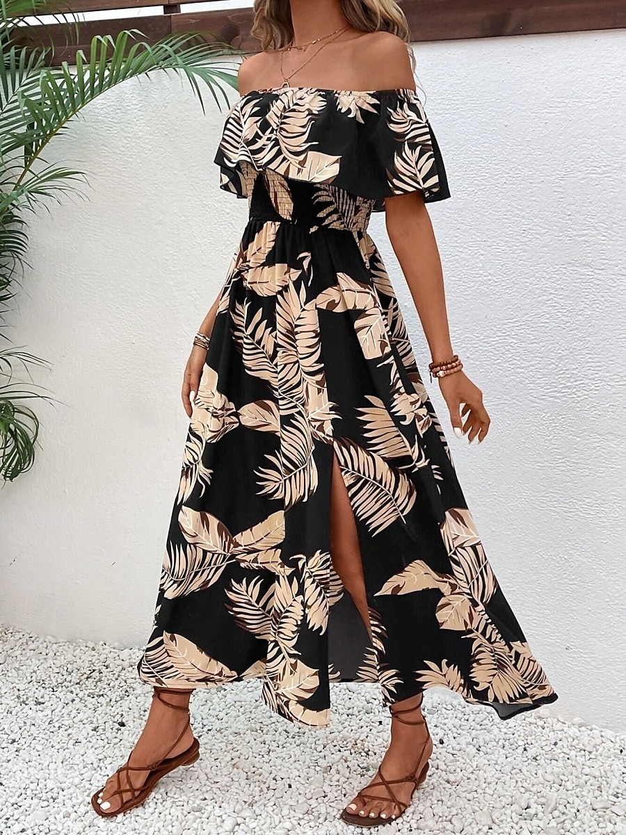 Per donna Vestito maxi Abito casual Abito linea A Moda Informale Da mare Giornaliero Standard A foglia Manica corta Senza spalline Nero Estate del 2025 a $43.99 –P6
