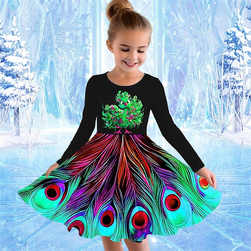 Girls' 3D Graphic Animal Peacock Dress Long Sleeve Summer Spring Vacation Daily Holiday Princess Beautiful Sweet Kids 4-12 Years Casual Dress A Line Dress Knee-length Regular Fit 2025 - $16.99 –P5