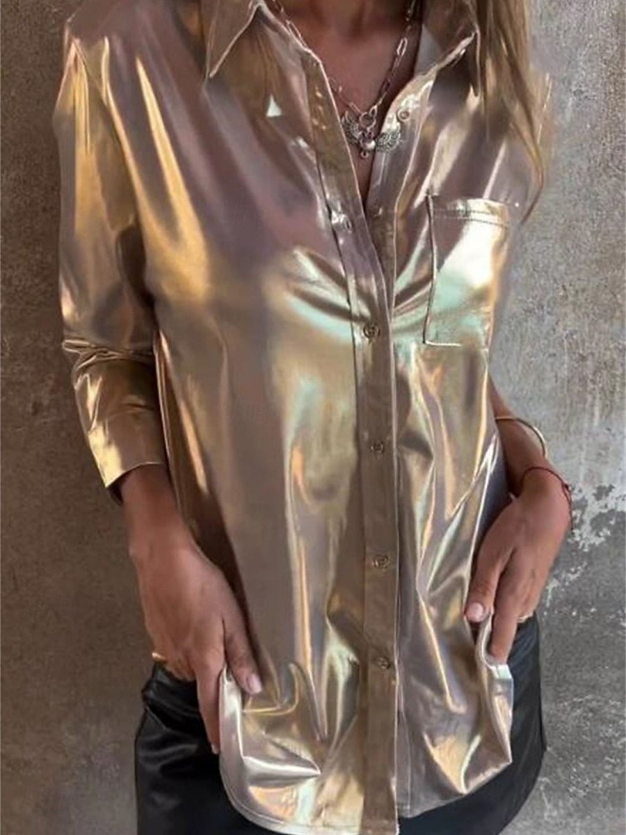 Mujer Camisa Blusa Color sólido Elegante lujoso Manga Larga Cuello Camisero Tops regulares Invitado a la boda Noche Botones Plata Beige Verano Primavera 2025 - $32.99 –P5