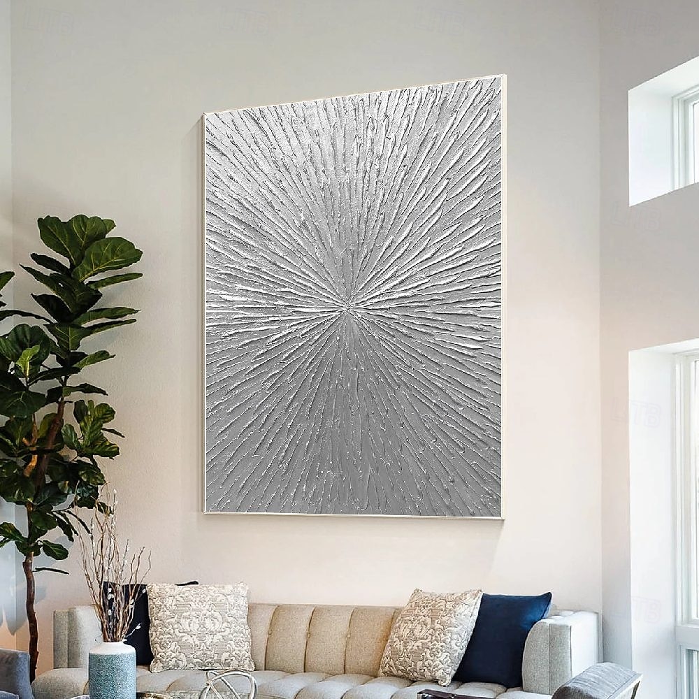 raggi d'argento astratto spesso dipinto a olio originale dipinto a parete soggiorno arte verticale pittura minimalista argento su tela del 2025 a $108.99 –P6