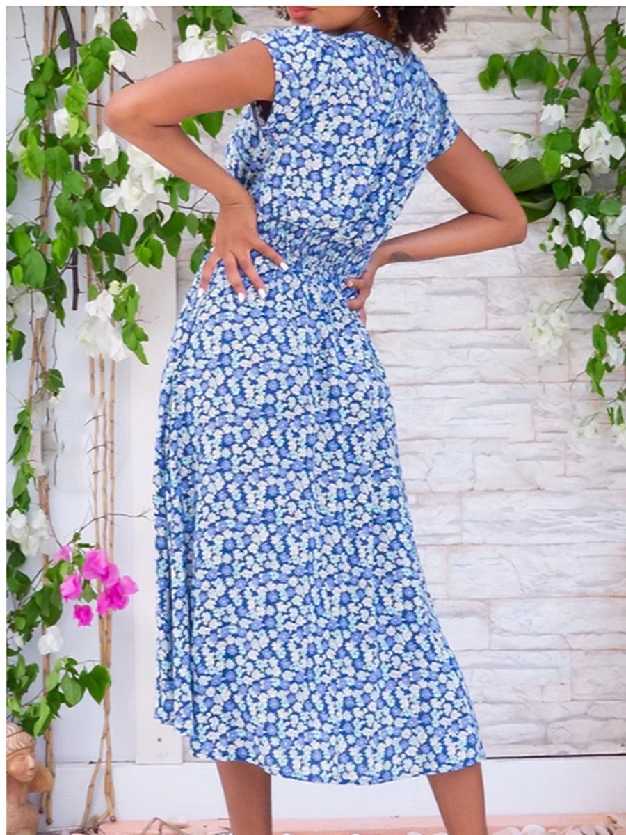 női munkaruha alkalmi ruha vonalas ruha elegáns irodai napi munkadivat midi ruha zseb v nyak rövid ujjú virágos szabályos szabás sárga piros kék nyári tavaszi s m l xl 2xl 2025 - $25.99 –P2