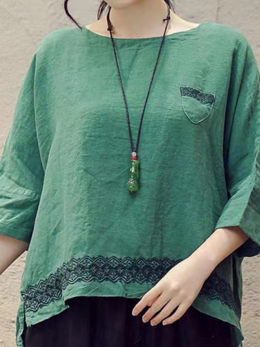 Damen Hemd Bluse Baumwoll-Leinen-Hemden Geometrisch Basic Lässig Dreiviertelarm Rundhalsausschnitt Normale Oberteile Täglich Patchwork Weiß Braun Grün Sommer Frühling 2025 - $21.99 –P6