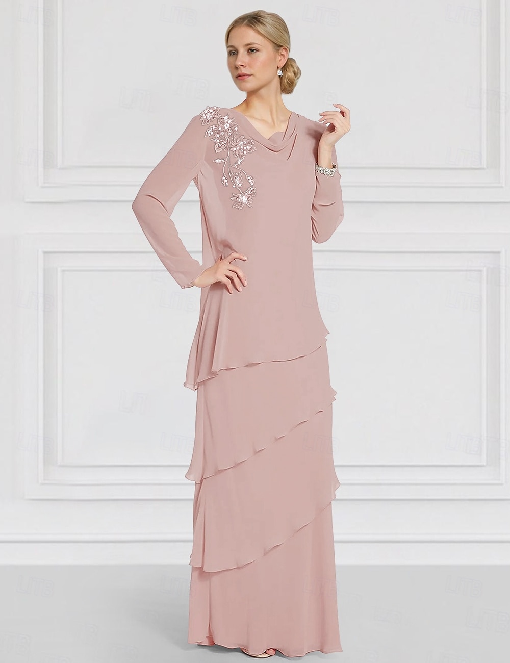Jackenkleid Brautmutter Langarm mit Spitzen-Rüschen Chiffon Elegant Vintage Rundhals Bodenlang Kleid Cascading Rüschen 2025 - $183.99 –P4