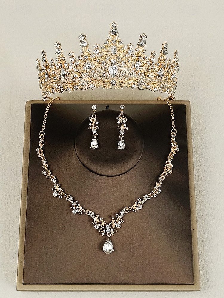 glitrende diamant tiara krone og halskjede sett – gullbelagte brudesmykker med øredobber, perfekt for bryllup, konkurranser og spesielle anledninger 2025 - $19.99 –P3